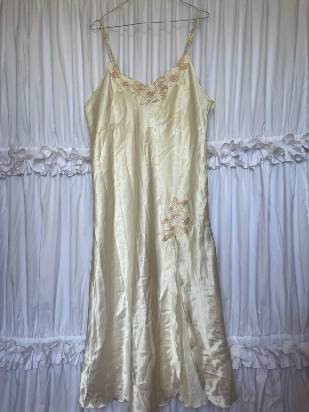 Vintage Cream Satin Slip Dress with Peach Floral Embroidery